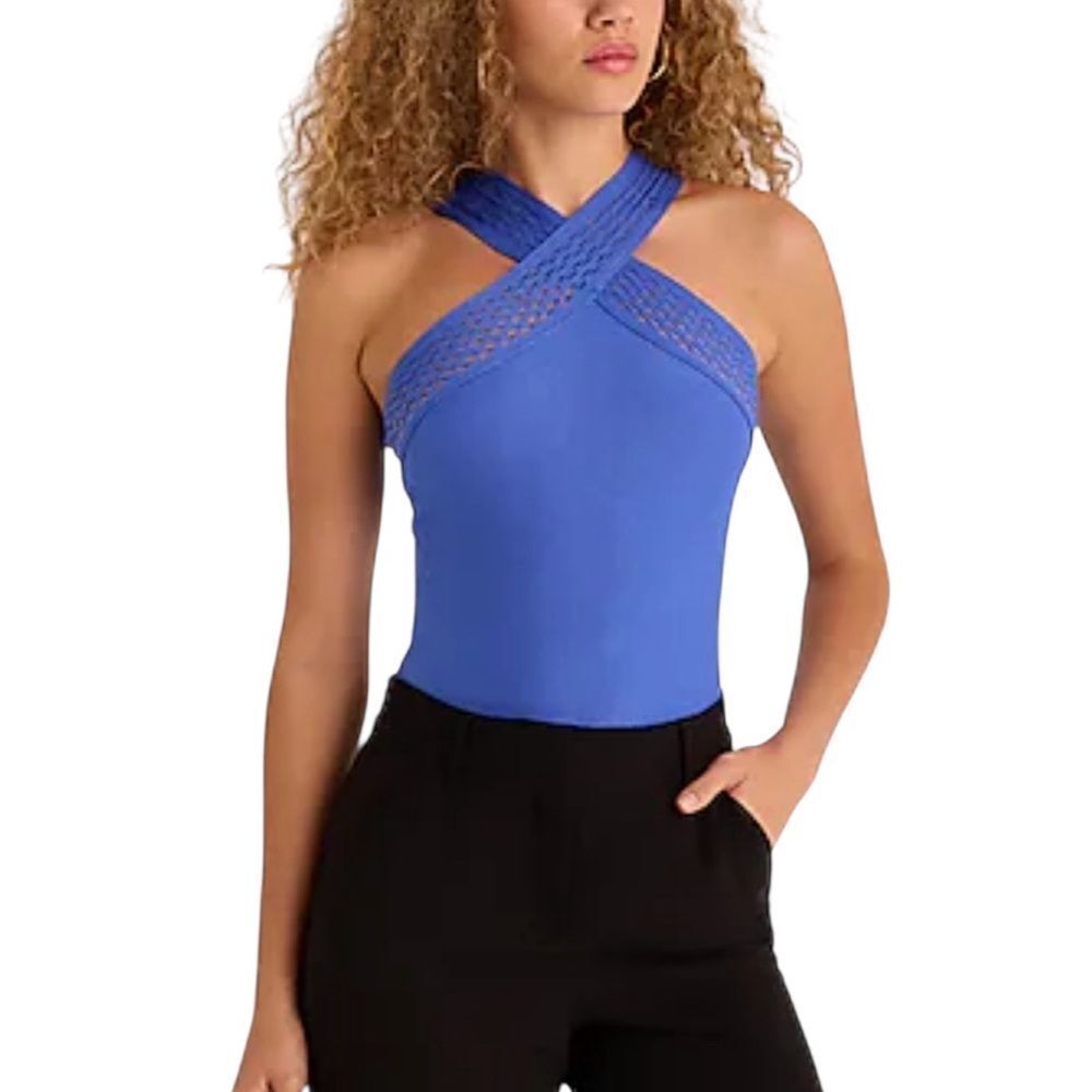 NWT Express blue Body Contour Seamless Ribbed Criss Cross Halter Bodysuit small